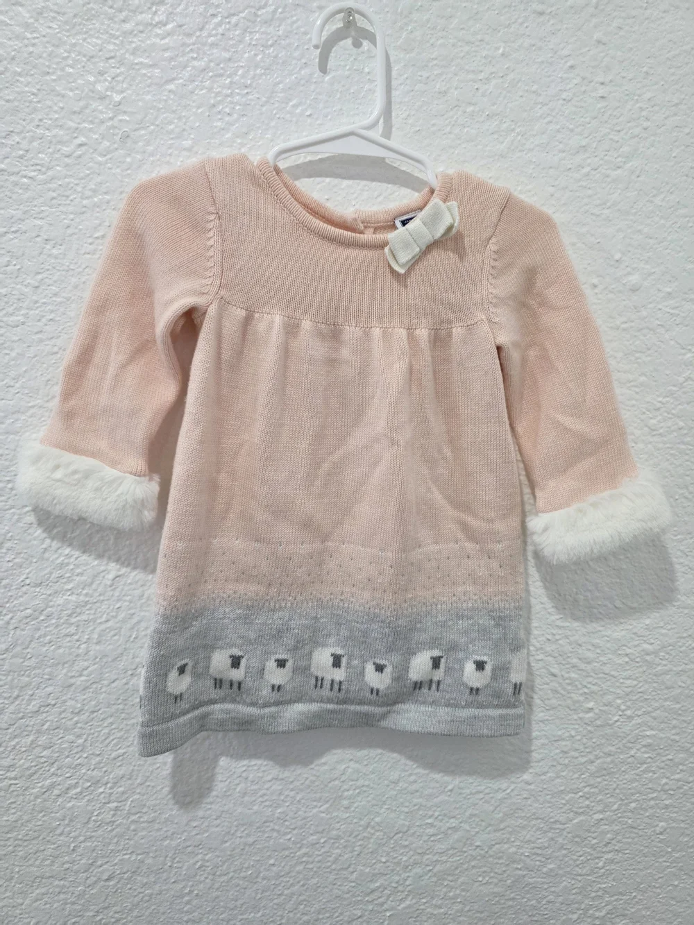 Janie and Jack Pink Knit Dress with Gray Sheep Border